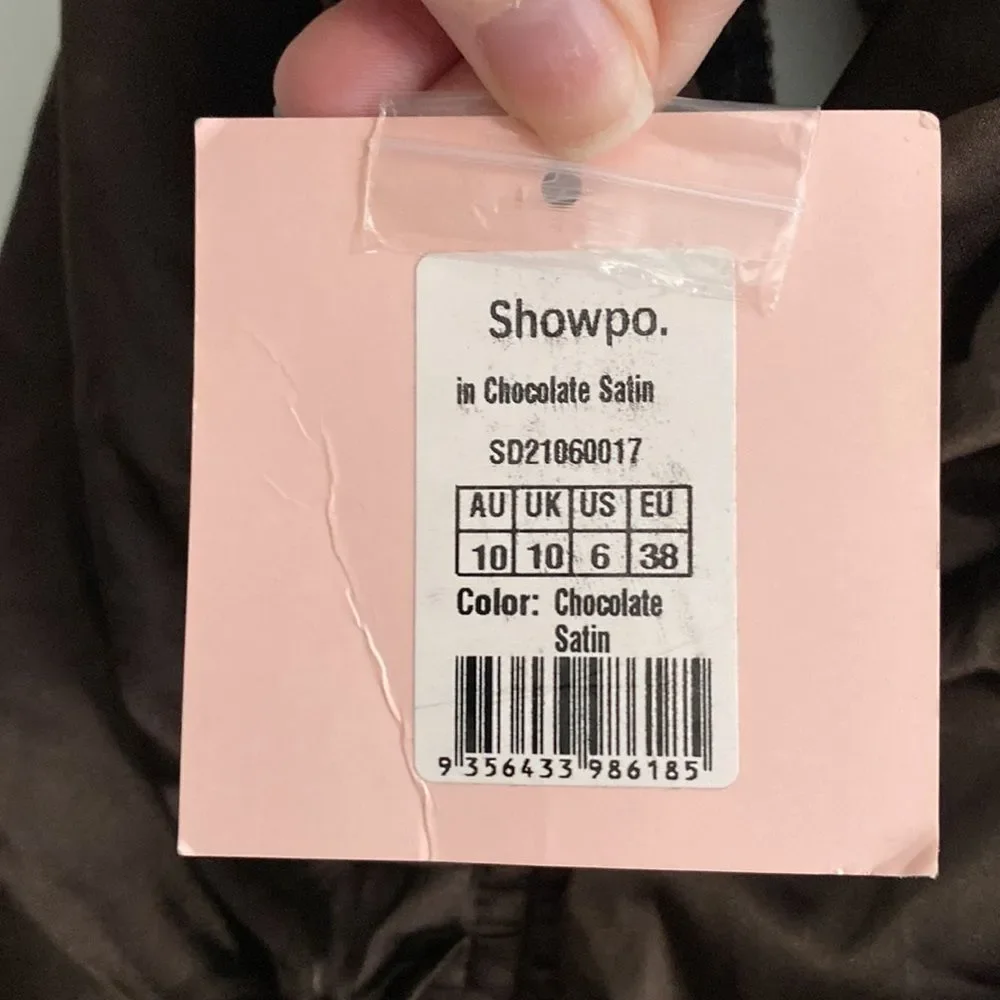 Showpo AMELLIA HALTER NECK CUT OUT MINI DRESS CHOCOLATE SATIN Size 6 NWT - Picture 8 of 10